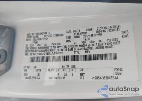 2014 Ford Escape Titanium z USA, uszkodzony, nr VIN 1FMCU0J91EUA74621